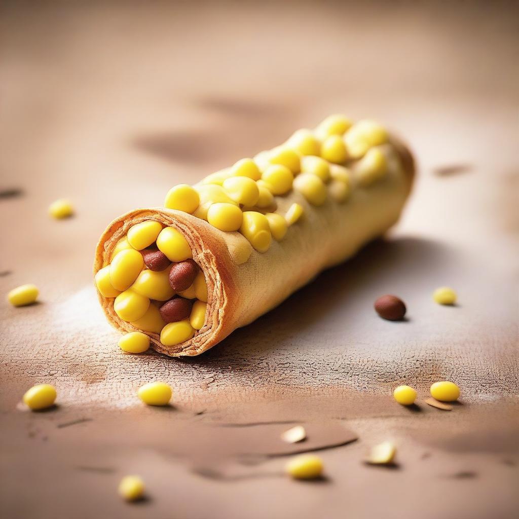 Create an image featuring loose corn inside a cannoli shell