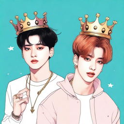 Create an illustration featuring Jungkook wearing a crown, without a microphone, and Jimin holding a microphone