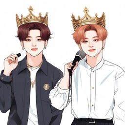 Create an illustration featuring Jungkook wearing a crown, without a microphone, and Jimin holding a microphone