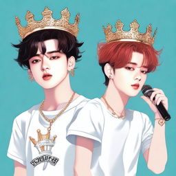 Create an illustration featuring Jungkook wearing a crown, without a microphone, and Jimin holding a microphone