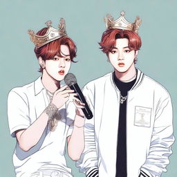 Create an illustration featuring Jungkook wearing a crown, without a microphone, and Jimin holding a microphone