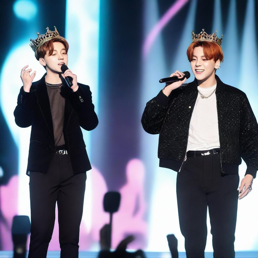 Jungkook wearing a crown and without a microphone, standing next to Jimin who is holding a microphone and not wearing a crown