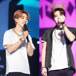 Jungkook wearing a crown and without a microphone, standing next to Jimin who is holding a microphone and not wearing a crown