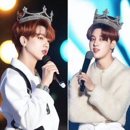 Jungkook wearing a crown and without a microphone, standing next to Jimin who is holding a microphone and not wearing a crown