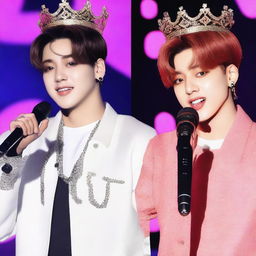 Jungkook wearing a crown and without a microphone, standing next to Jimin who is holding a microphone and not wearing a crown