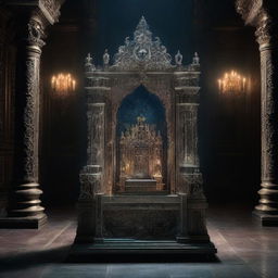 A book cover dominated by an image of a majestic throne made entirely of glass, located in a grand and shadowy hall