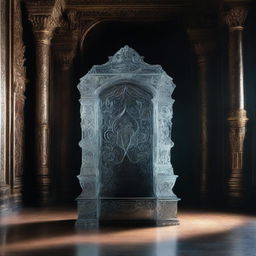 A book cover dominated by an image of a majestic throne made entirely of glass, located in a grand and shadowy hall