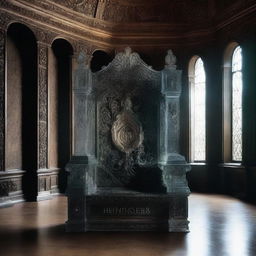 A book cover dominated by an image of a majestic throne made entirely of glass, located in a grand and shadowy hall