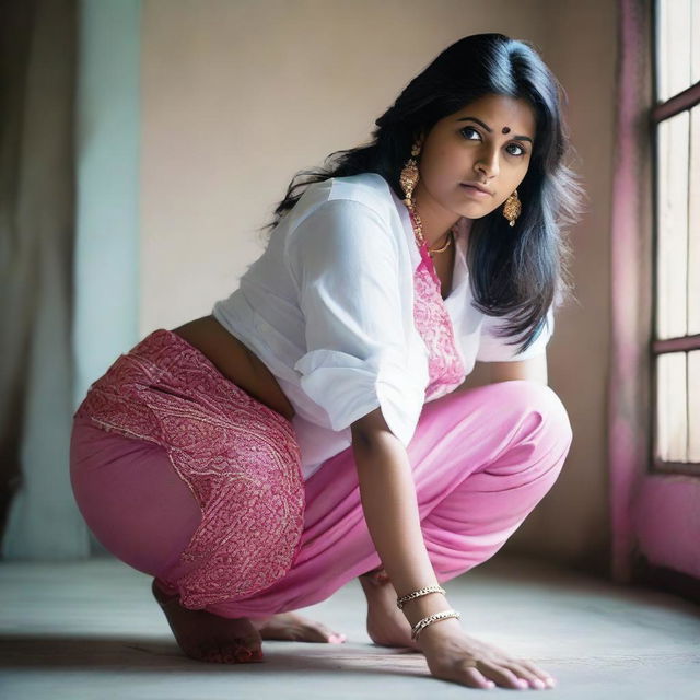 An Indian woman wearing a baggy white shirt and a tight pink thong is squatting