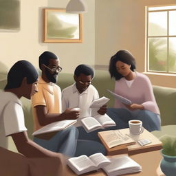 Create an image of people studying the Bible in various different environments