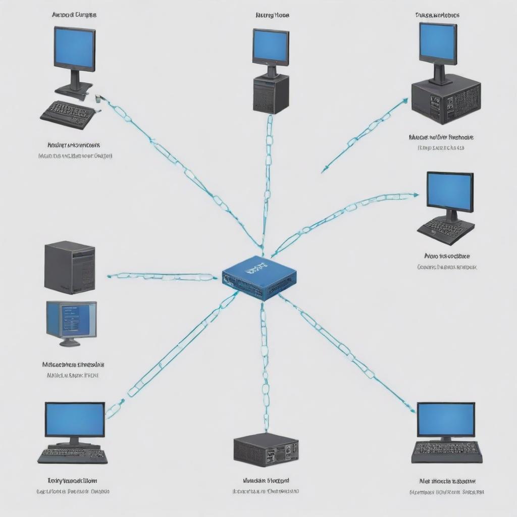 Generate an image showcasing a basic networking topology, including elements like routers, switches, nodes, and connections.