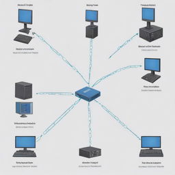 Generate an image showcasing a basic networking topology, including elements like routers, switches, nodes, and connections.