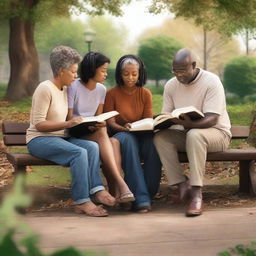 Create realistic images of people studying the Bible in various different environments