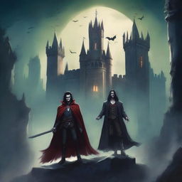 A vintage fantasy book cover featuring a vampire and his two allies, a sorceress and a young mercenary, approaching an ancient castle