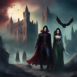 A vintage fantasy book cover featuring a vampire and his two allies, a sorceress and a young mercenary, approaching an ancient castle