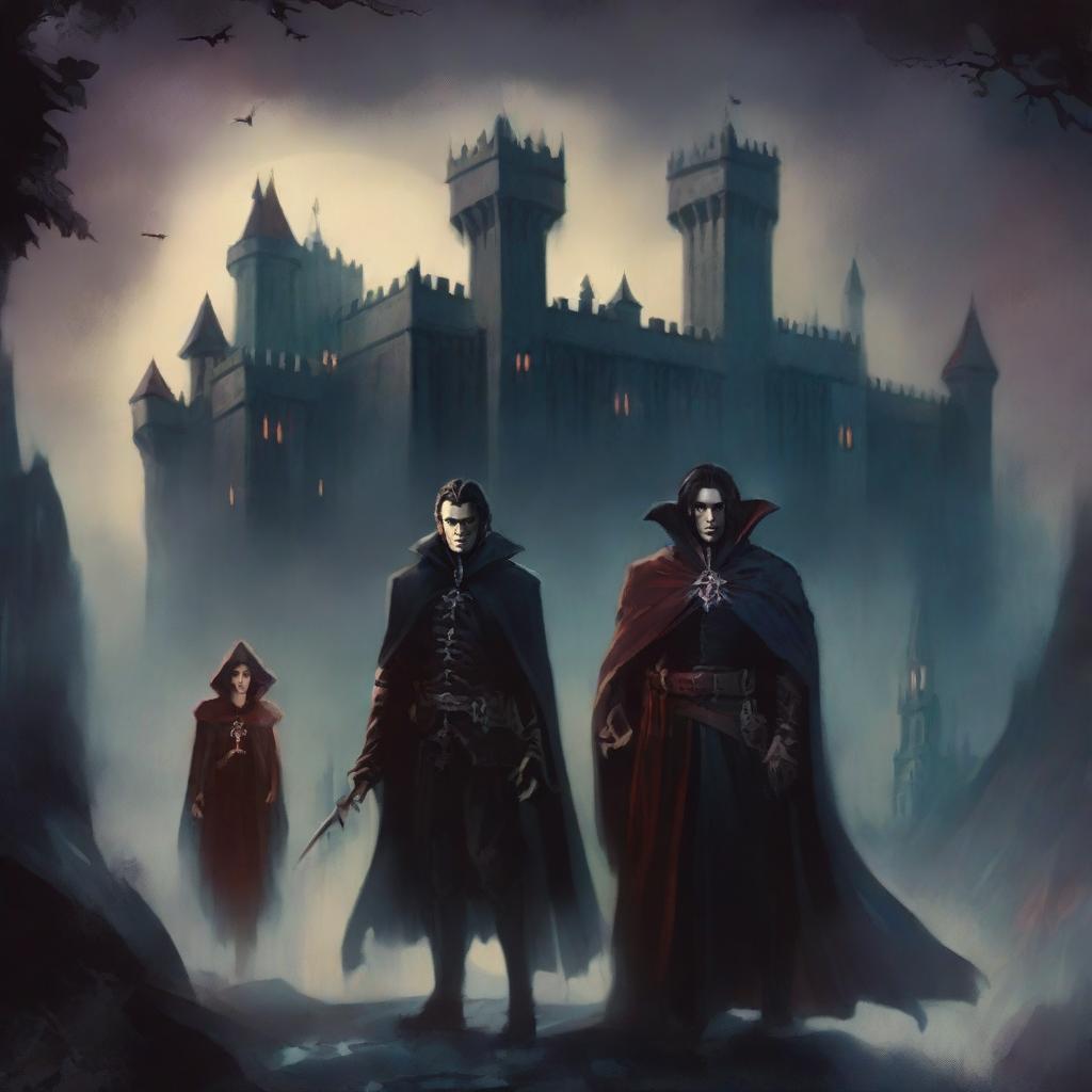 A vintage fantasy book cover featuring a vampire and his two allies, a sorceress and a young mercenary, approaching an ancient castle