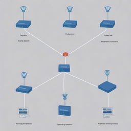 Generate an image showcasing a basic networking topology, including elements like routers, switches, nodes, and connections.