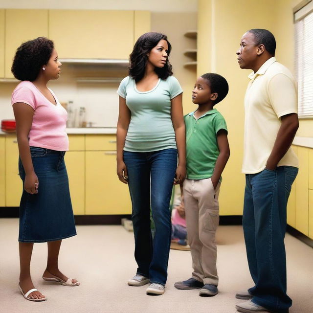 Create realistic photos of parents and children arguing, with children disobeying in various environments