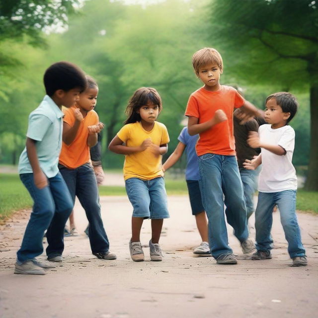 Create realistic images of groups of children causing trouble, throwing stones, fighting, and being disruptive