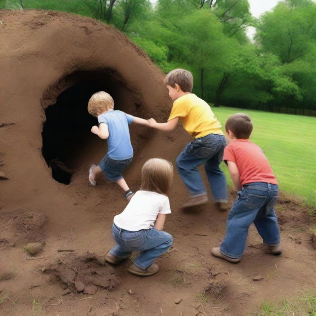 Create realistic images of children pushing other children into a hole