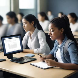 A realistic, high-resolution, 8k cinematic quality image depicting Amazon students using computers, social networks, cell phones, software, pencils, blackboards, and books