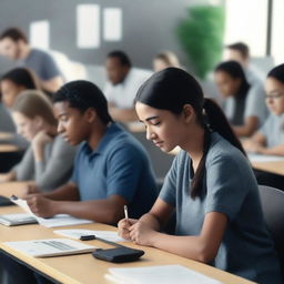 A realistic, high-resolution, 8k cinematic quality image depicting Amazon students using computers, social networks, cell phones, software, pencils, blackboards, and books