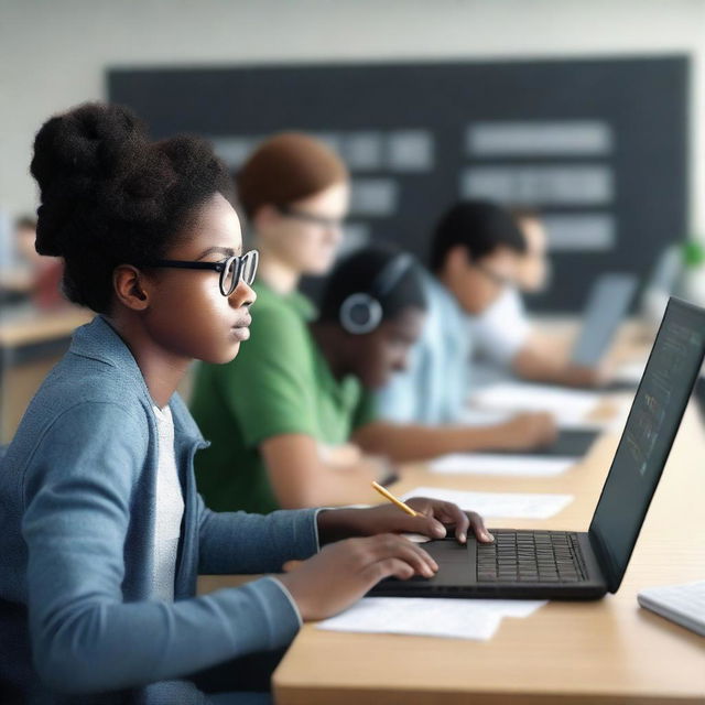 A realistic, high-resolution, 8k cinematic quality image depicting Amazon students using computers, social networks, cell phones, software, pencils, blackboards, and books