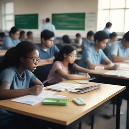 A realistic, high-resolution, 8k cinematic quality image depicting Amazon students using computers, social networks, cell phones, software, pencils, blackboards, and books