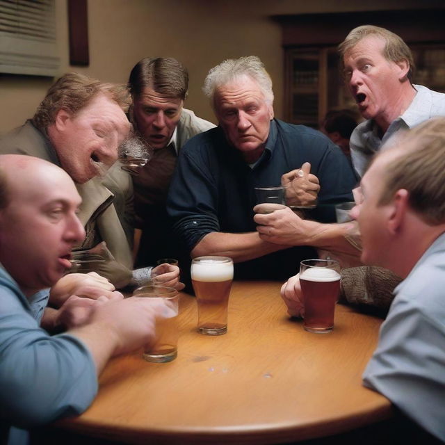 Create realistic images of groups of men drinking excessively, falling over, and in dangerous situations