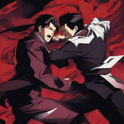 A dramatic anime poster featuring Muzan Kibutsuji mercilessly beating Tanjiro Kamado