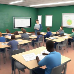 A realistic, high-resolution image depicting young and adult students in a classroom setting, engaged in learning with the help of digital technologies