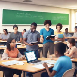 A realistic, high-resolution image depicting young and adult students in a classroom setting, engaged in learning with the help of digital technologies