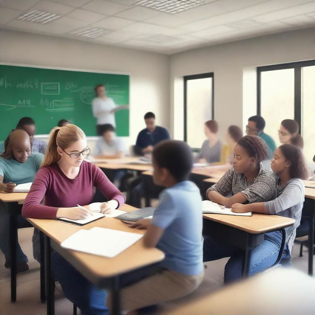 A realistic, high-resolution image depicting young and adult students in a classroom setting, engaged in learning with the help of digital technologies