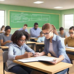 A realistic, high-resolution image depicting young and adult students in a classroom setting, engaged in learning with the help of digital technologies