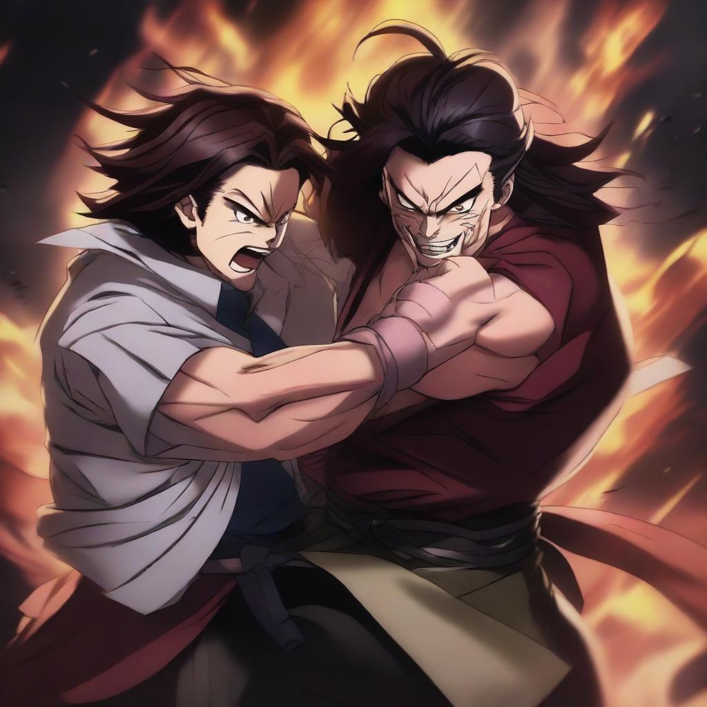 A hyper-realistic anime poster featuring Muzan Kibutsuji brutally beating Tanjiro Kamado from Demon Slayer