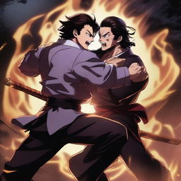 A hyper-realistic anime poster featuring Muzan Kibutsuji brutally beating Tanjiro Kamado from Demon Slayer