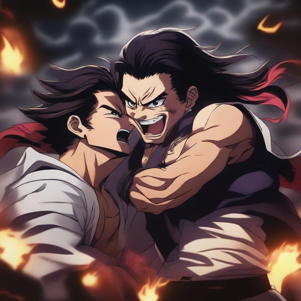 A hyper-realistic anime poster featuring Muzan Kibutsuji brutally beating Tanjiro Kamado from Demon Slayer