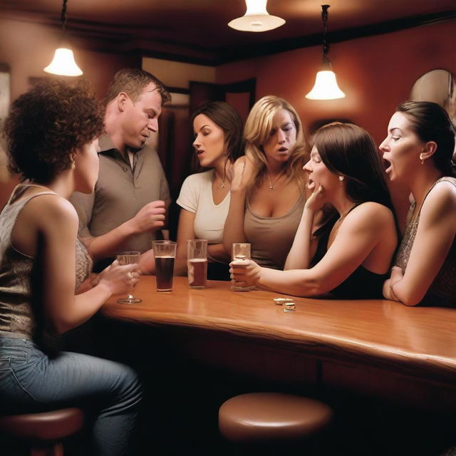 Create realistic images of women and multiple drunk men involved in arguments and hiding infidelity