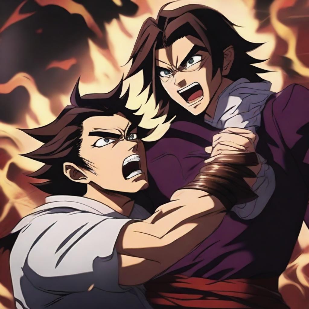 A hyper-realistic anime poster featuring Muzan Kibutsuji brutally beating Tanjiro Kamado from Demon Slayer