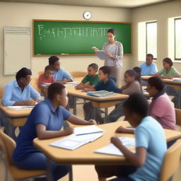 A realistic, high-resolution image showing young and adult students in a classroom setting