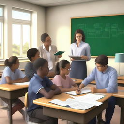 A realistic, high-resolution image showing young and adult students in a classroom setting