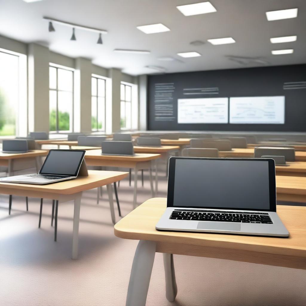 A realistic, high-resolution image of a modern classroom equipped with various technologies