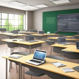 A realistic, high-resolution image of a modern classroom equipped with various technologies