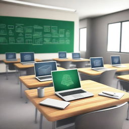 A realistic, high-resolution image of a modern classroom equipped with various technologies