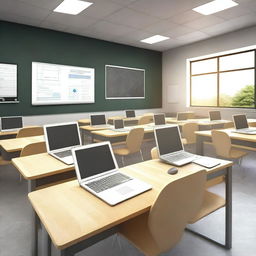 A realistic, high-resolution image of a modern classroom equipped with various technologies