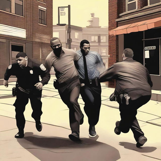 Create realistic images depicting people stealing, running away, and being apprehended by law enforcement