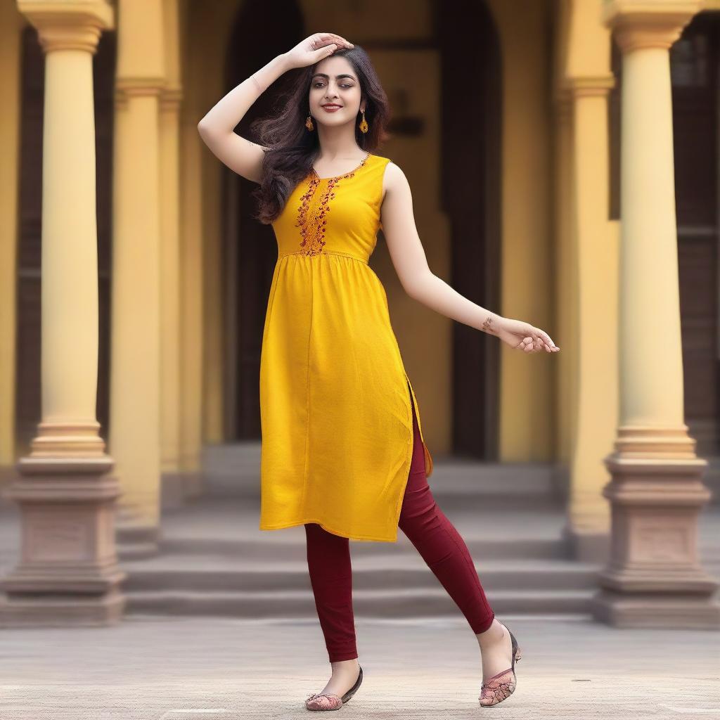 A person striking a dancing pose in a yellow sleeveless kurti and dark brown-red leggings