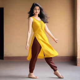 A person striking a dancing pose in a yellow sleeveless kurti and dark brown-red leggings