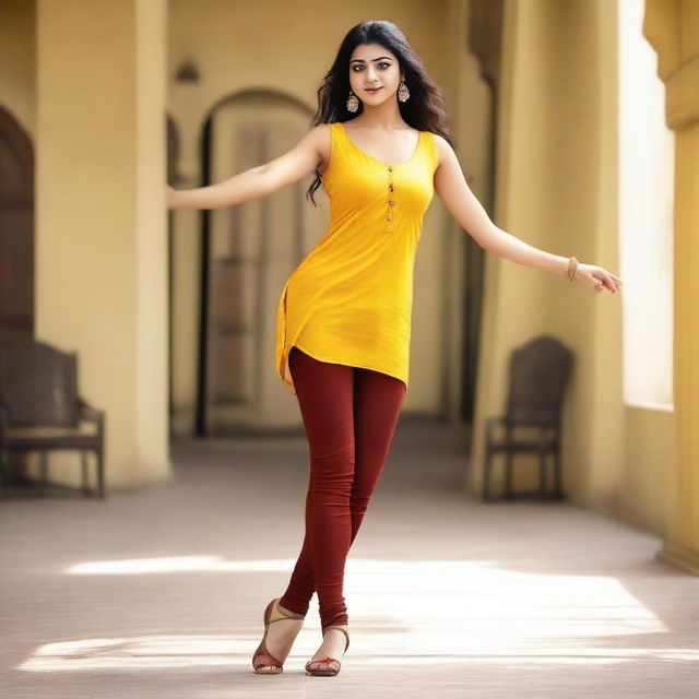 A person striking a dancing pose in a yellow sleeveless kurti and dark brown-red leggings