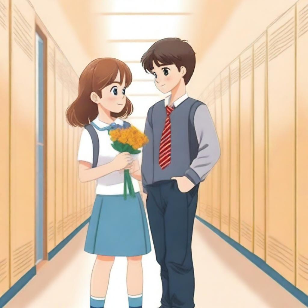 A young boy offering a flower to a girl for a school romance book cover